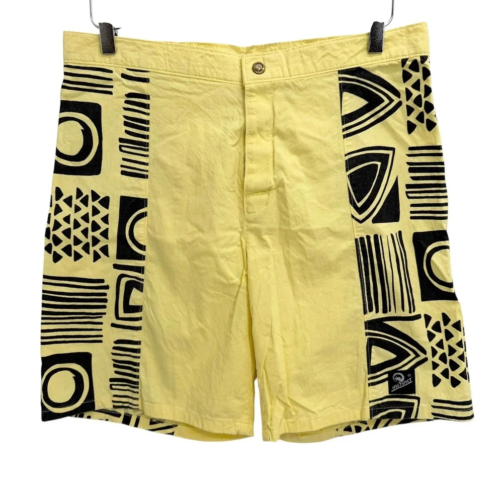 Vintage Instinct Sportswear Tribal Print Surf Shorts Mens 36 Cotton Yellow